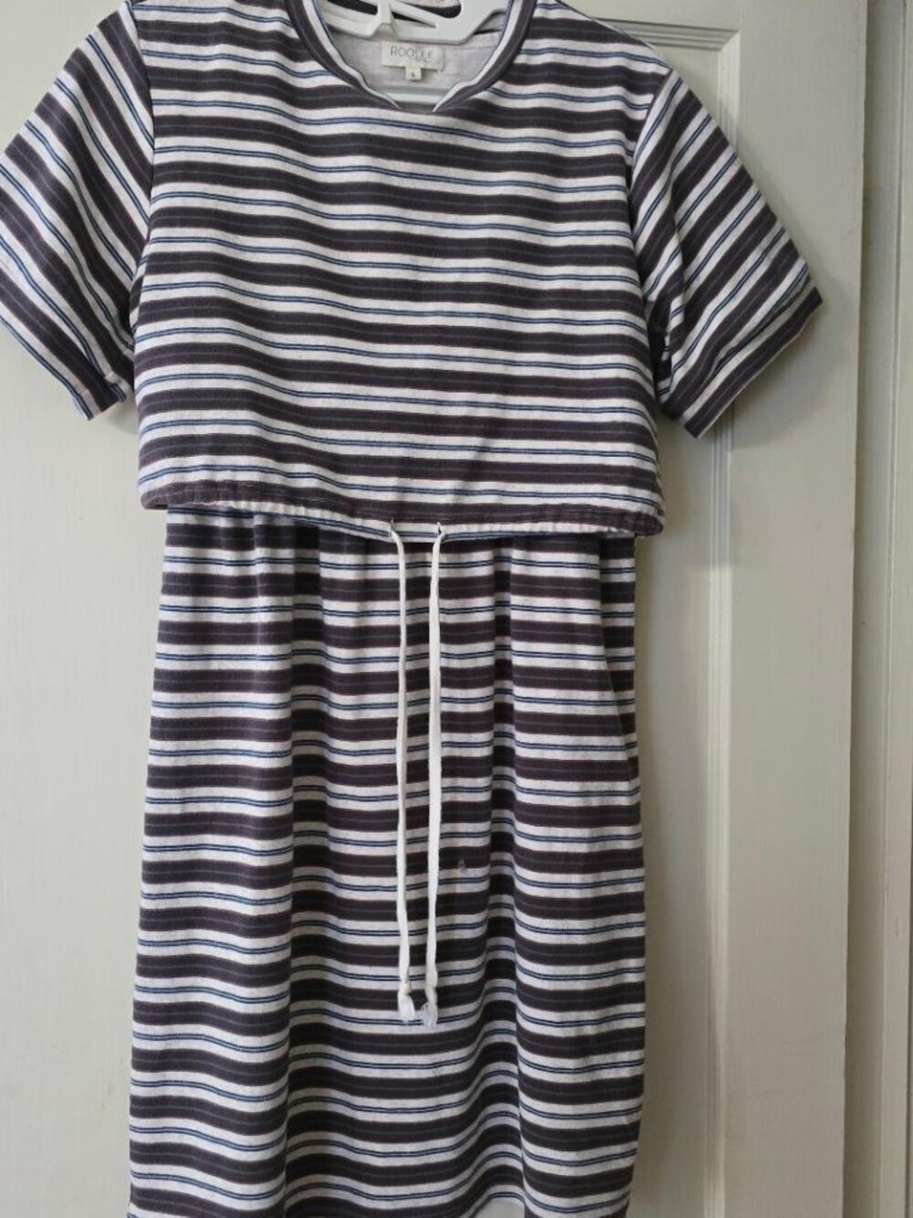 S Roolee Brown & White Striped short-sleeve Nursing dress with drawstring waist